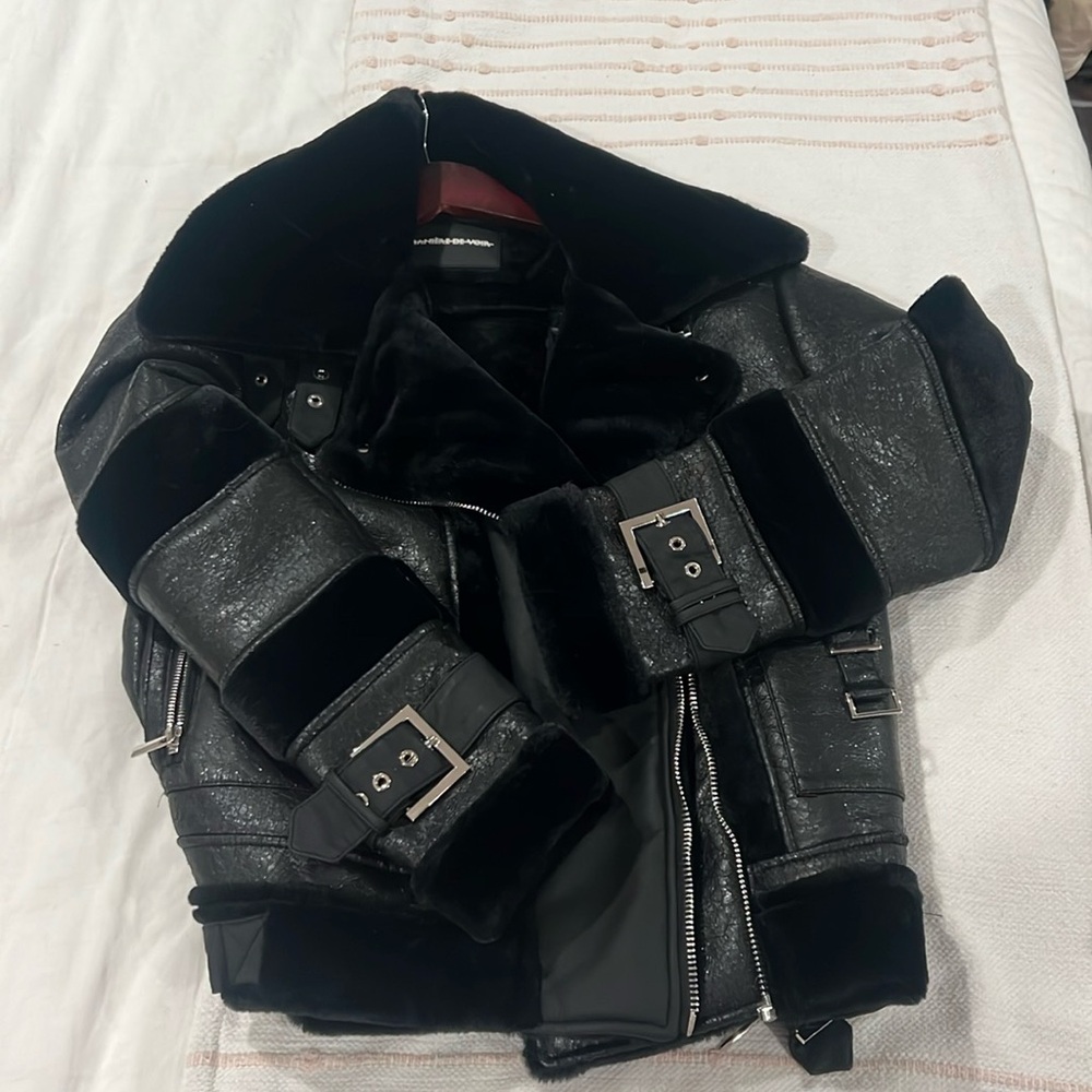 Maniere De Voir Cracked Vegan Leather Biker Jacket Black